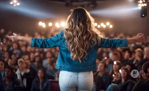 A woman in a denim jacket and white jeans on stage, facing away from the camera, addresses a crowd.