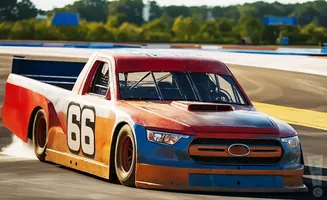 A #66 race truck with red and orange paint speeds around a track.
