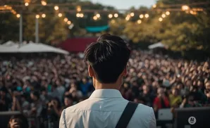 Man in white shirt facing a large, blurred crowd at an outdoor concert under string lights.
