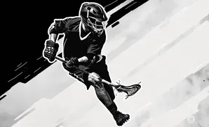 Black and white illustration of a lacrosse player in motion.