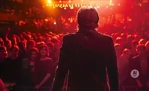 Man in a suit stands on stage facing a cheering crowd lit by red and orange lights.