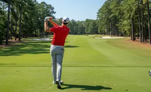 Golfer in red shirt and gray pants swings club on a sunny golf course fairway.