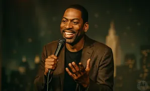A Black man in a suit smiles while holding a microphone and gesturing with his hands.