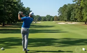 Golfer swings on a sunny golf course with trees and sand traps in the background.