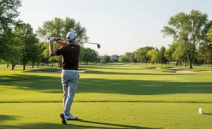 A golfer swings at a tee box on a sunny day, with a golf course stretching out before him.