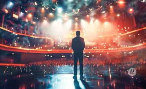 Silhouette of a man on a stage facing a brightly lit, cheering audience in a concert hall.