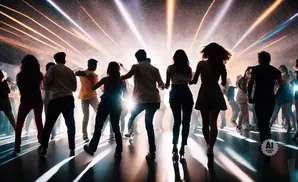 People dancing in a club with bright lights and fog.