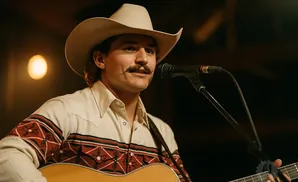 Man in cowboy hat and western shirt plays guitar and sings into a microphone.