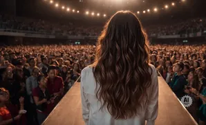 A woman with long, wavy brown hair stands facing a large, cheering crowd in a dimly lit auditorium.
