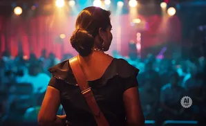 Woman with guitar strap on shoulder facing away from camera, on stage in front of a blurred audience.