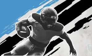 A black and white illustration of a football player running with a ball.