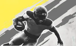 A football player in a black helmet and uniform runs with the ball, set against a yellow and grey abstract background.