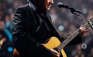 Man in a black suit plays an acoustic guitar on stage, with a microphone in front of him.