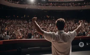 A man in a white shirt with his arms raised in a stadium full of cheering people.