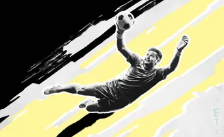 A soccer goalie catches a ball mid-air, with dynamic yellow and black brush strokes in the background.