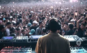 DJ with headphones plays music for a large crowd at a concert.