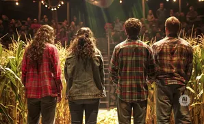 Four people in flannel shirts stand facing away from the camera, in front of a cornfield and an audience.