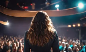 Woman with wavy brown hair facing a large, blurred audience in a dimly lit venue with stage lights.