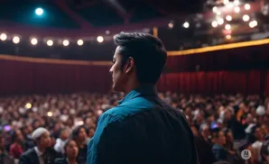 Man in a teal shirt facing a large, blurred audience in a theater.