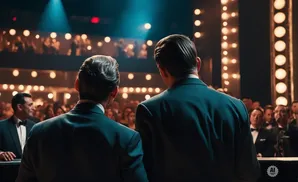Two men in suits face away from the camera, looking at an audience and a stage lit by spotlights and strings of bulbs.