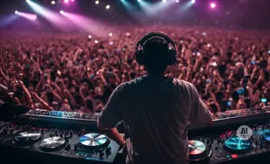 DJ with headphones plays music for a large, energetic crowd at a concert, illuminated by colorful lights.