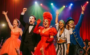A cast of five performers in vibrant costumes cheer and raise their arms on stage.