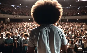 A person with a large afro stands facing a large, cheering audience in a dimly lit auditorium.