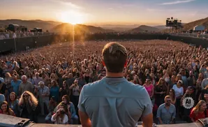 Man facing away from the camera, looking out at a large concert crowd at sunset.