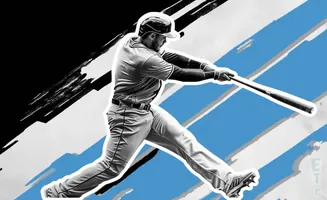 A baseball player swings at a bat against a background of black, white, and blue brush strokes.