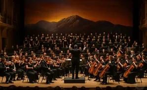 An orchestra and choir perform on stage with a painted mountain backdrop.