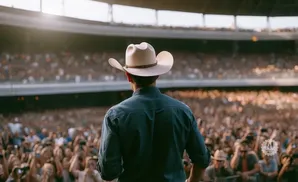 A man in a cowboy hat and blue shirt stands on a stage facing a large, cheering crowd at a stadium.