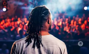 Man with dreadlocks facing away from camera, looking at a blurred audience in a concert hall.
