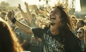 A man with long, wild hair screams at a concert, his arm raised in excitement.