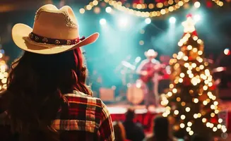 A person in a cowboy hat watches a band play on stage in front of a decorated Christmas tree.