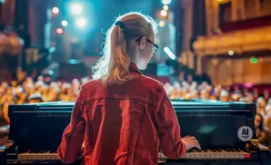 A young woman with blonde hair in a ponytail plays piano on stage, facing away from the camera.