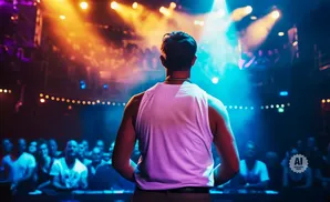 Man in white tank top on stage, facing crowd, bathed in colorful stage lights.