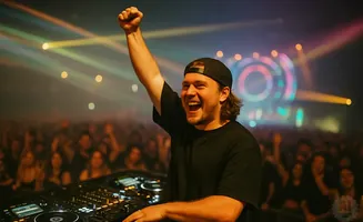 A DJ with his fist raised in the air, smiling enthusiastically at a concert crowd.