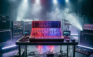 A vintage modular synthesizer with a keyboard, surrounded by amplifiers, effects pedals, and lighting effects on a stage.