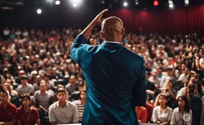 A speaker in a teal suit gestures to a large, seated audience in a theater.