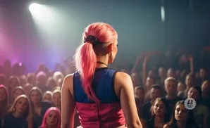 A woman with pink hair faces a cheering crowd during a concert performance.