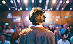 A person wearing headphones faces a blurred audience in a room with stage lights.