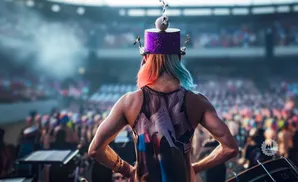 Person with colorful hair and a sparkly hat on stage at a concert.