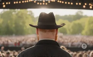 A person wearing a black fedora and denim jacket faces a large outdoor crowd, with a stage and lights above.