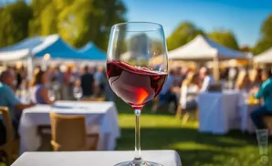 A glass of red wine swirls in the foreground, with a blurred outdoor event and tents in the background.