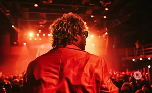 A person with curly hair in a red jacket stands on a stage in front of a crowd, illuminated by red lights.