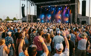 A large crowd cheers at an outdoor concert with a band performing on stage.