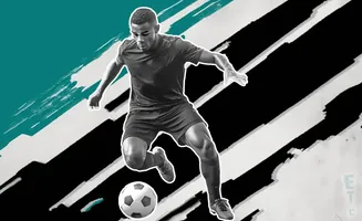 Soccer player dribbling a ball, with abstract black and white streaks and a teal background.
