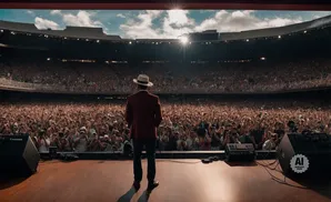 A performer in a hat and maroon jacket faces a large, cheering crowd in a stadium.