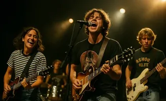 A band plays music on stage, with a female guitarist laughing, a male singer playing guitar, and a male bassist in the background.