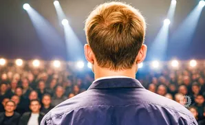 Man with blond hair facing away from the camera, speaking to a blurry audience under stage lights.
